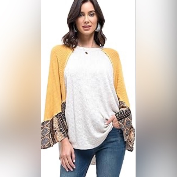 Blu Pepper Tops - Blu Pepper Cream & Mustard Waffle Knit Tunic with Patterned Boho sleeves